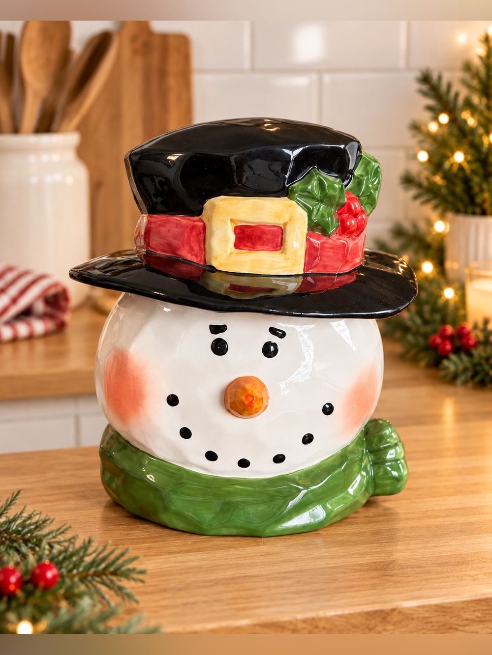 Ceramic Snowman Cookie Jar Black Hat Green Scarf